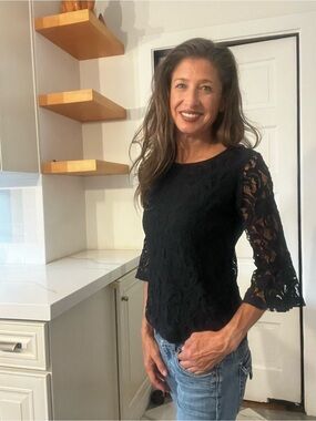 Adrianna Papell Black Lace Bell Sleeve Blouse High Low Hem Size M
